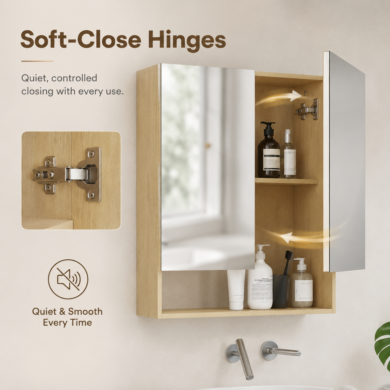Wandmontierter Badezimmerspiegelschrank mit Doppeltüren, offenem Regal, Eichenoptik, Aufbewahrungsschrank für Badezimmerwaschtisch & Gästetoilette