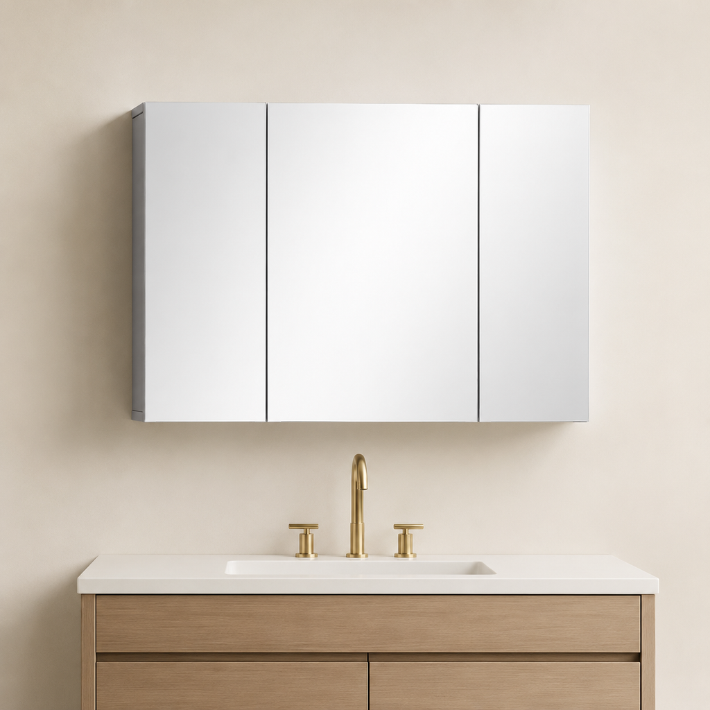 Gray 3-Door Bathroom Mirror Cabinet, Wall-Mounted Medicine Cabinet with Adjustable Shelves for Organized Bath and Vanity Storage