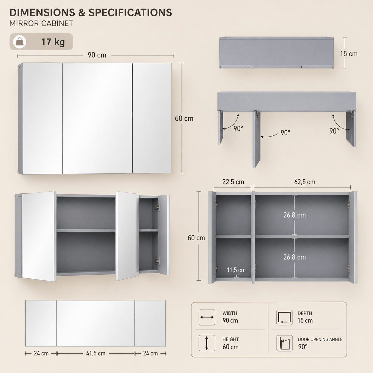 Gray 3-Door Bathroom Mirror Cabinet, Wall-Mounted Medicine Cabinet with Adjustable Shelves for Organized Bath and Vanity Storage