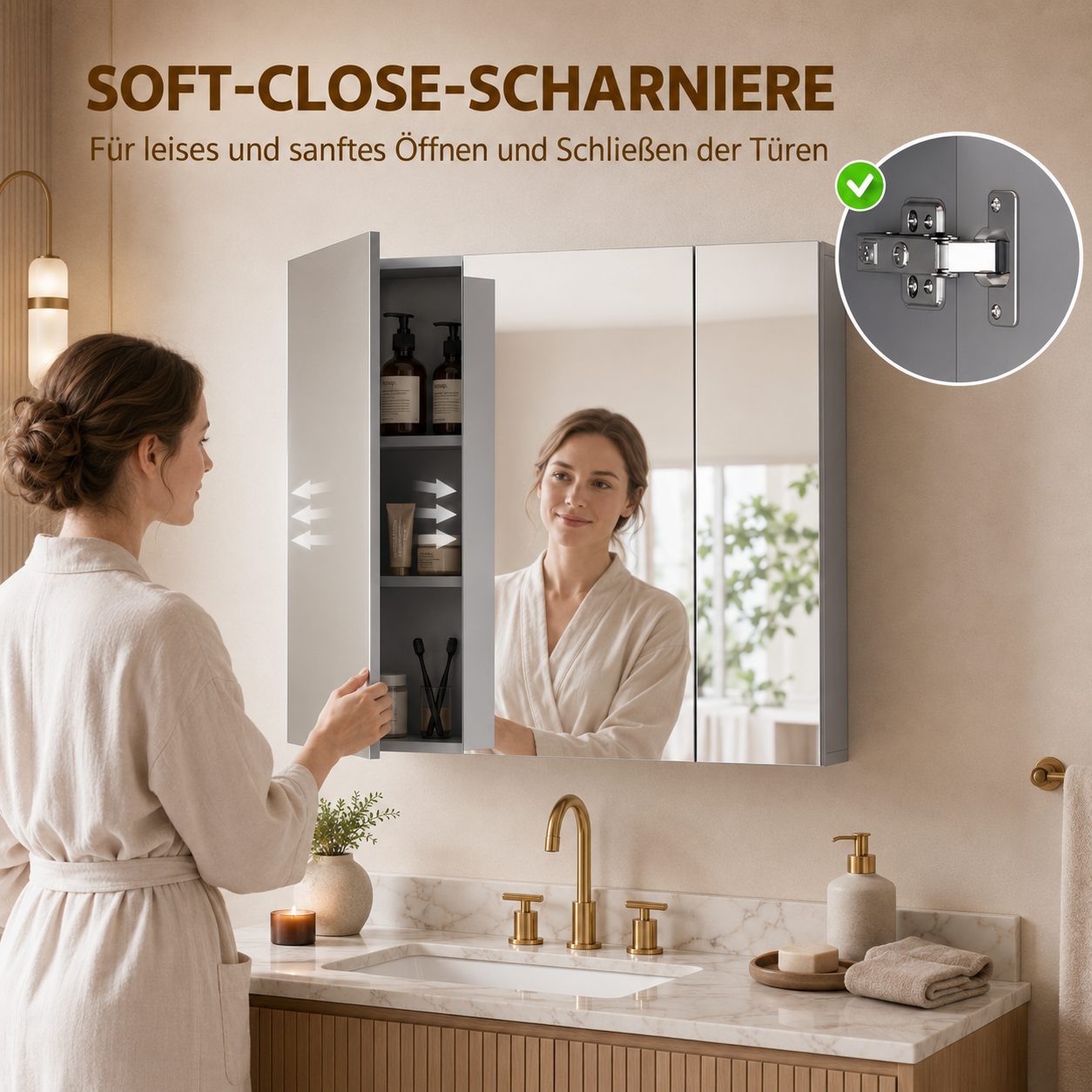 Gray 3-Door Bathroom Mirror Cabinet, Wall-Mounted Medicine Cabinet with Adjustable Shelves for Organized Bath and Vanity Storage