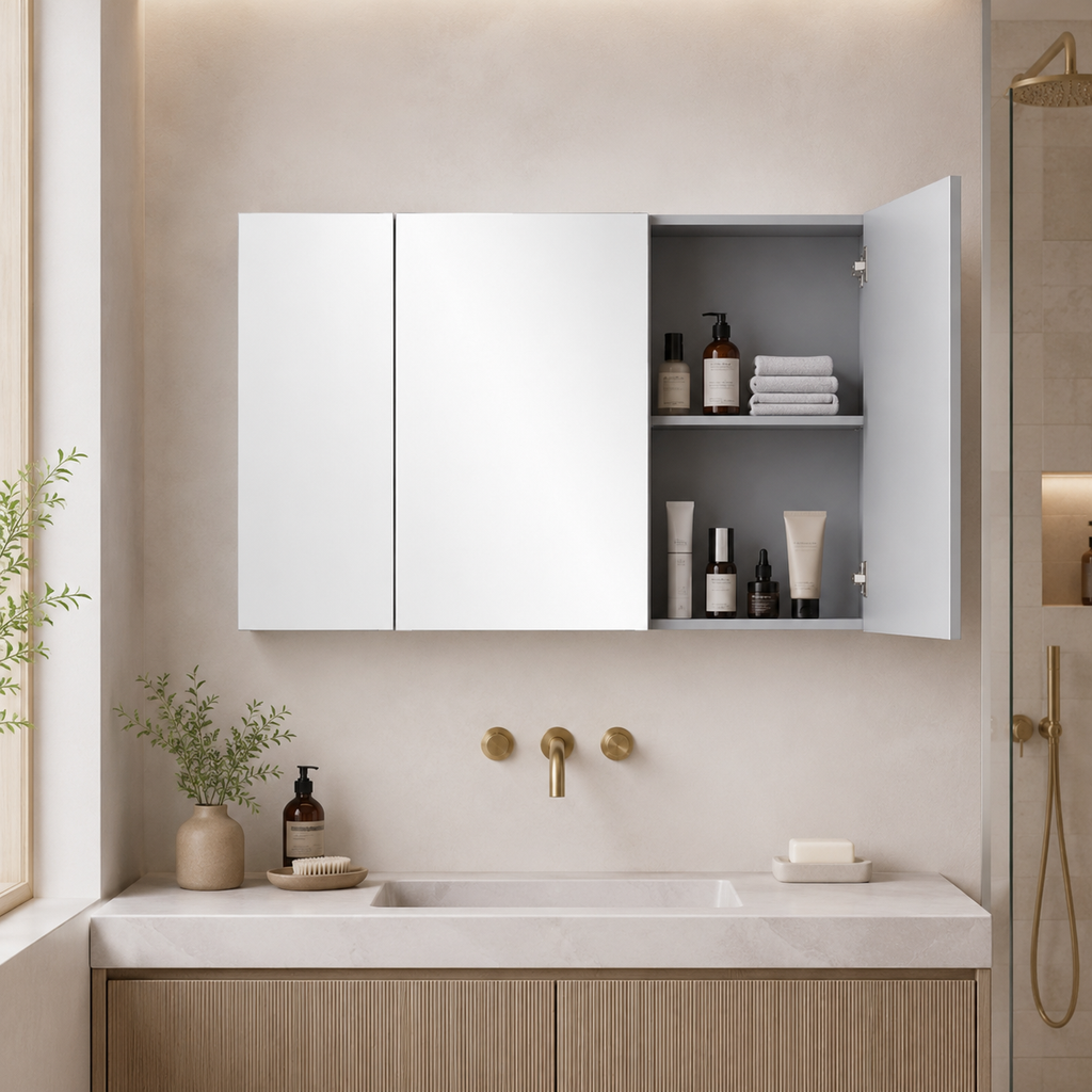 Gray 3-Door Bathroom Mirror Cabinet, Wall-Mounted Medicine Cabinet with Adjustable Shelves for Organized Bath and Vanity Storage