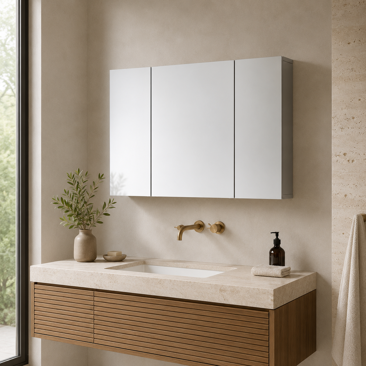 Gray 3-Door Bathroom Mirror Cabinet, Wall-Mounted Medicine Cabinet with Adjustable Shelves for Organized Bath and Vanity Storage