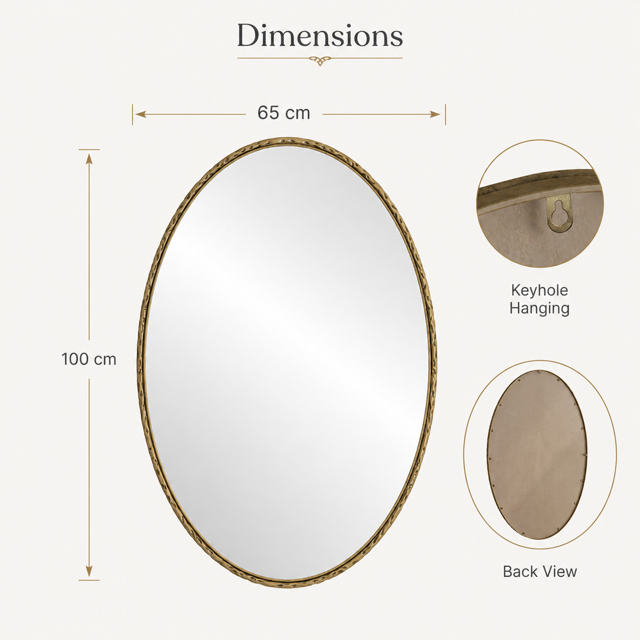 65x3x100 cm Gold Oval Retro Wall Mirror, Antique Iron Frame Decorative Mirror for Bathroom, Bedroom and Living Room