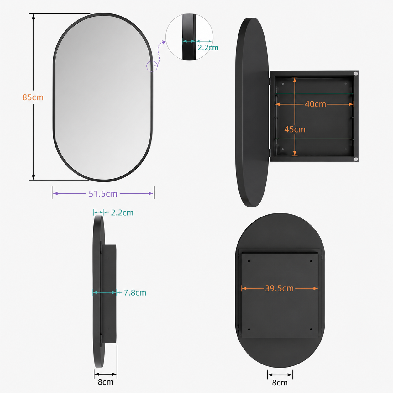 85x51.5x12 cm Black Oval Bathroom Mirror Medicine Cabinet, Recessed or Wall-Mounted, Metal Framed Bathroom Storage with Adjustable Shelves