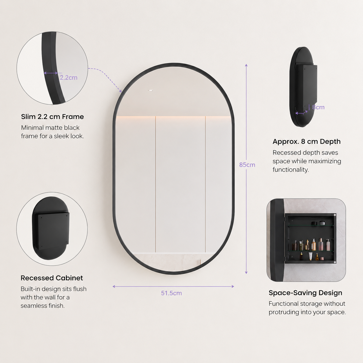 85x51.5x12 cm Black Oval Bathroom Mirror Medicine Cabinet, Recessed or Wall-Mounted, Metal Framed Bathroom Storage with Adjustable Shelves