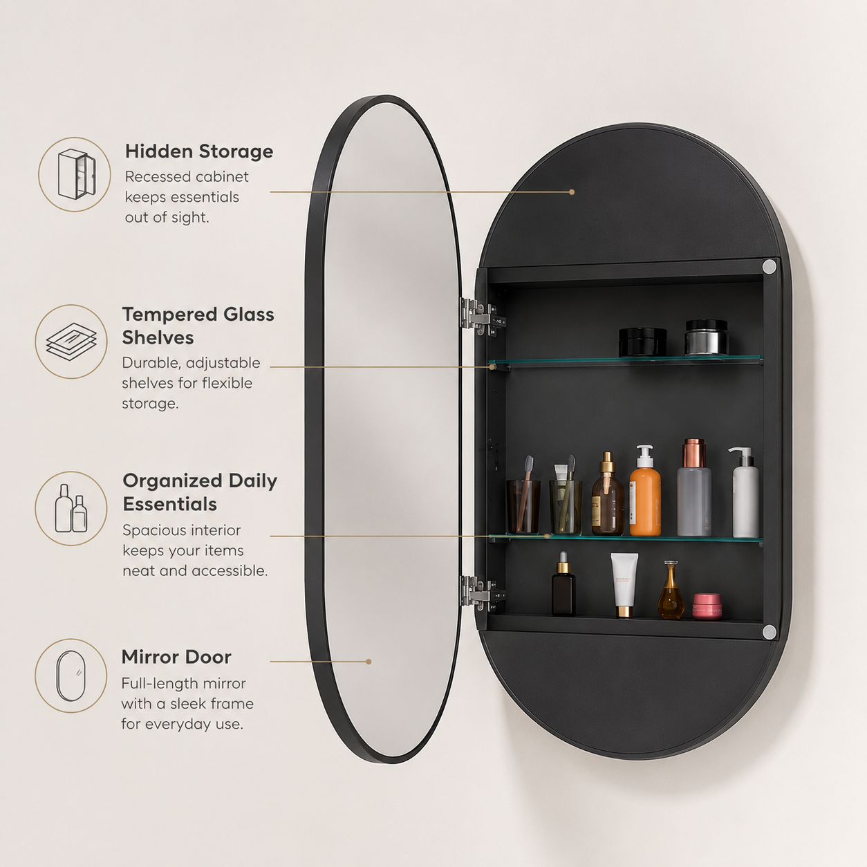 85x51.5x12 cm Black Oval Bathroom Mirror Medicine Cabinet, Recessed or Wall-Mounted, Metal Framed Bathroom Storage with Adjustable Shelves