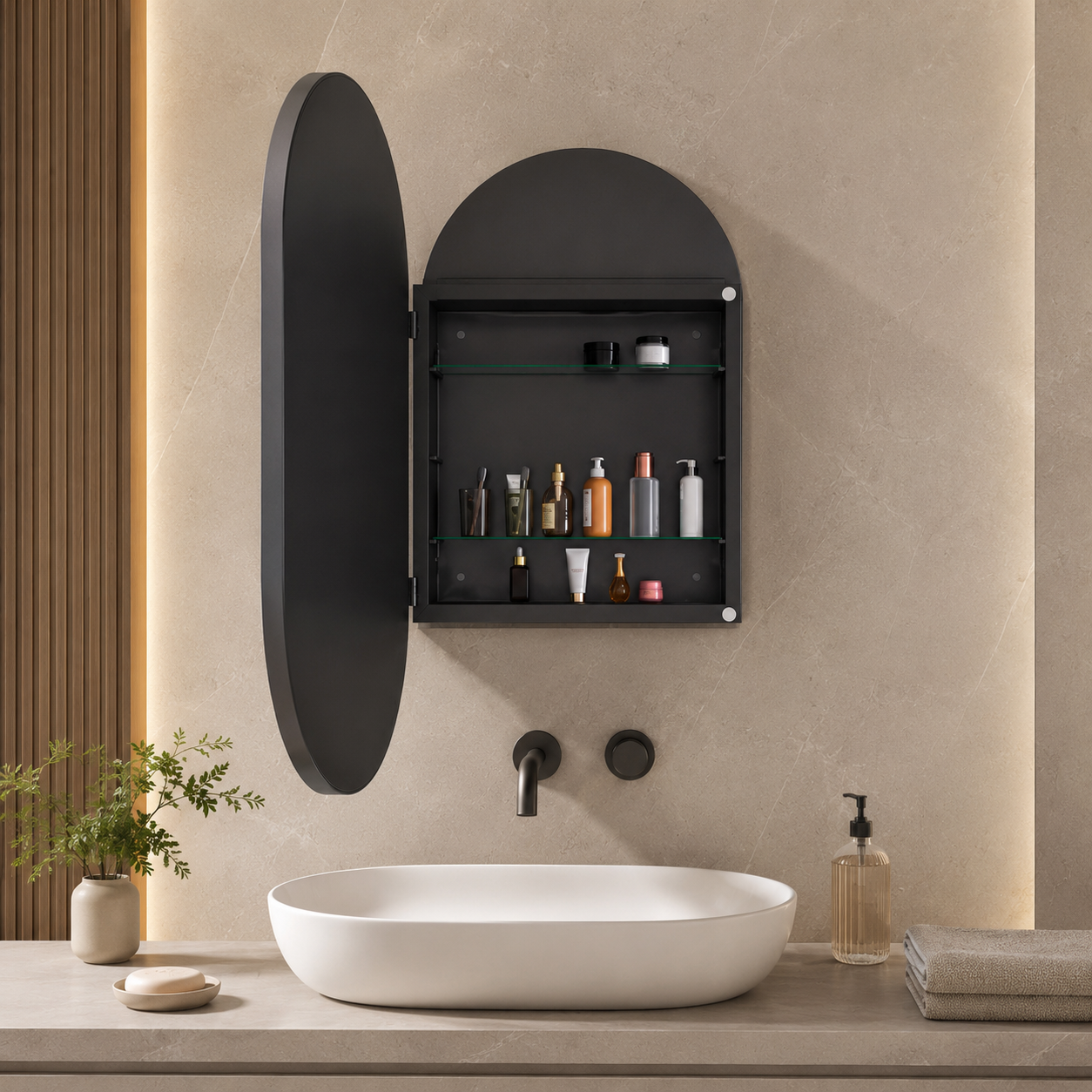 85x51.5x12 cm Black Oval Bathroom Mirror Medicine Cabinet, Recessed or Wall-Mounted, Metal Framed Bathroom Storage with Adjustable Shelves
