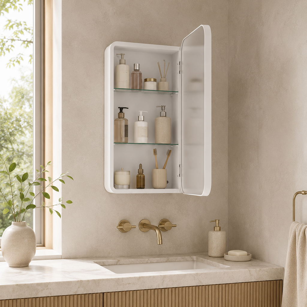 76x51x12 cm White Rectangle Bathroom Mirror Medicine Cabinet, Recessed or Wall-Mounted, Metal Framed Bathroom Storage with Adjustable