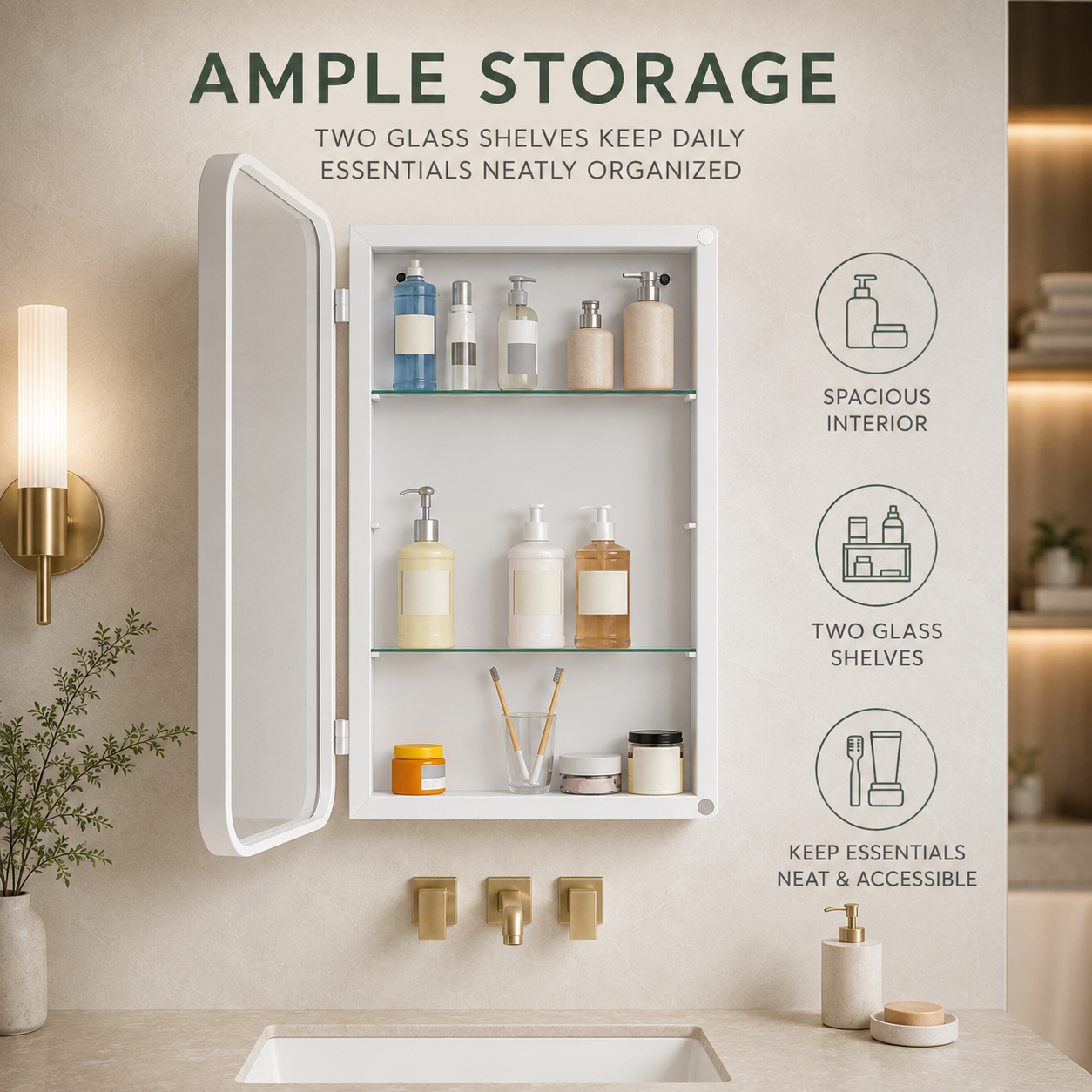 76x51x12 cm White Rectangle Bathroom Mirror Medicine Cabinet, Recessed or Wall-Mounted, Metal Framed Bathroom Storage with Adjustable