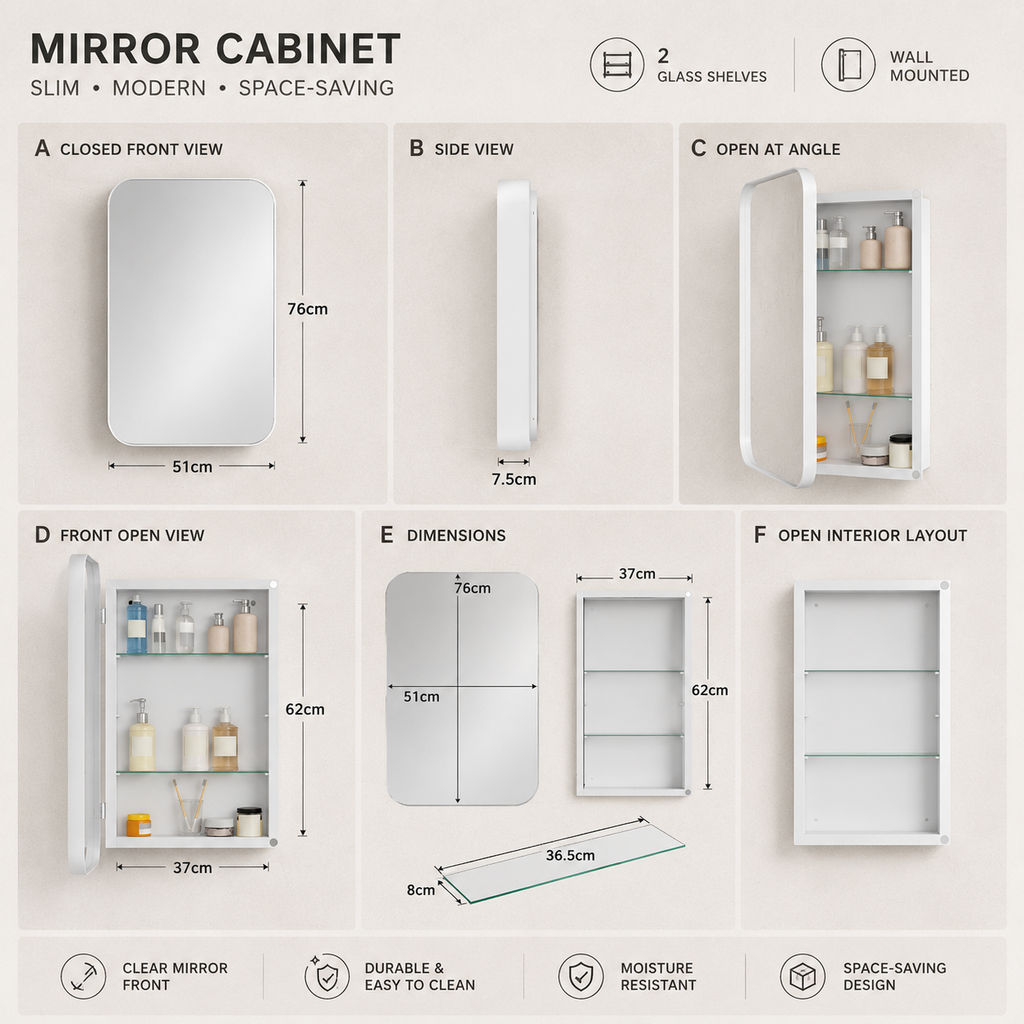 76x51x12 cm White Rectangle Bathroom Mirror Medicine Cabinet, Recessed or Wall-Mounted, Metal Framed Bathroom Storage with Adjustable