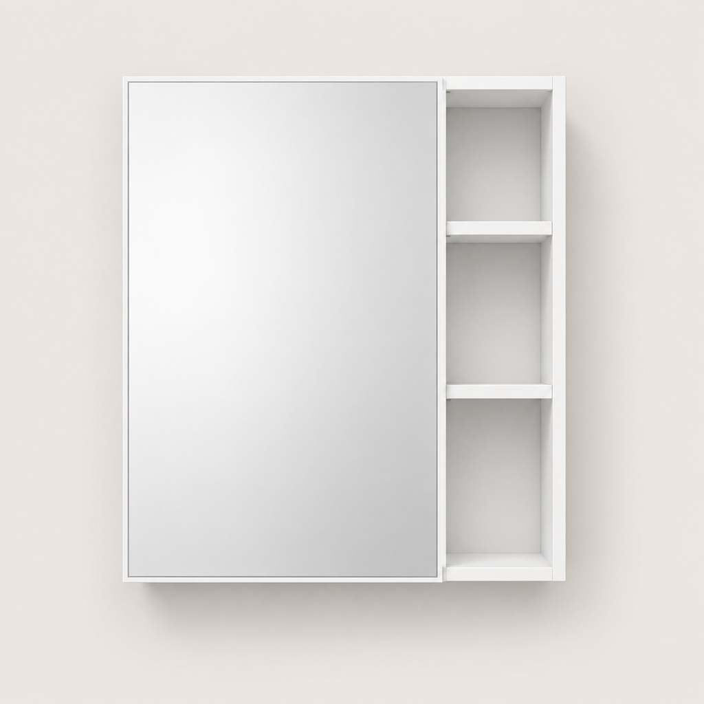 55x13x56 cm Weißer wandmontierter Badezimmerspiegelschrank mit ESG-Glastür, offenem Regal, MDF-Aufbewahrung für den Badezimmerschrank