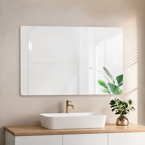 100x75x1,5 cm Rahmenloser Badezimmerspiegel, HD kupferfreies Glas, bruchsichere Folie, abgerundete Ecken, Horizontal oder Vertikal