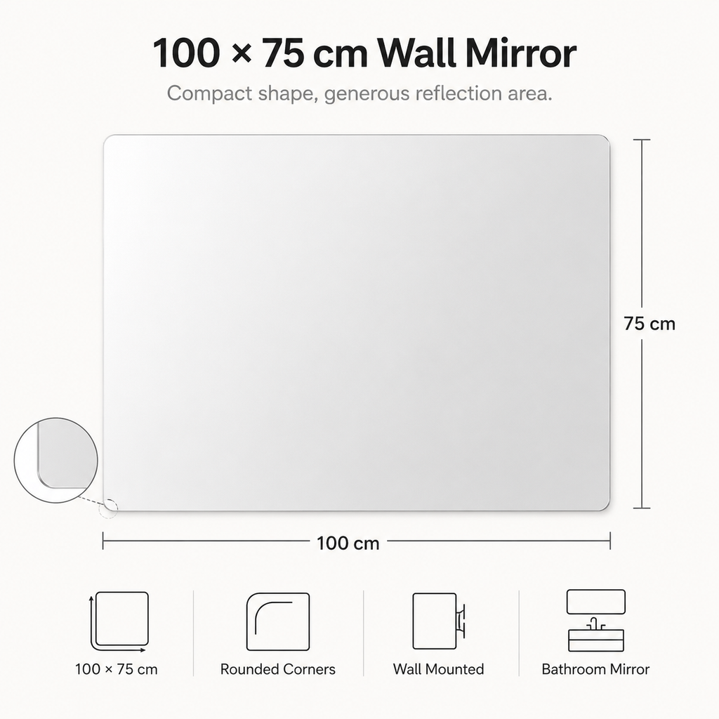 100x75x1,5 cm Rahmenloser Badezimmerspiegel, HD kupferfreies Glas, bruchsichere Folie, abgerundete Ecken, Horizontal oder Vertikal