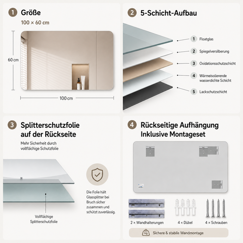 60x100x1,5 cm Rahmenloser Badezimmerspiegel, HD kupferfreies Glas, bruchsichere Folie, abgerundete Ecken, horizontal oder vertikal