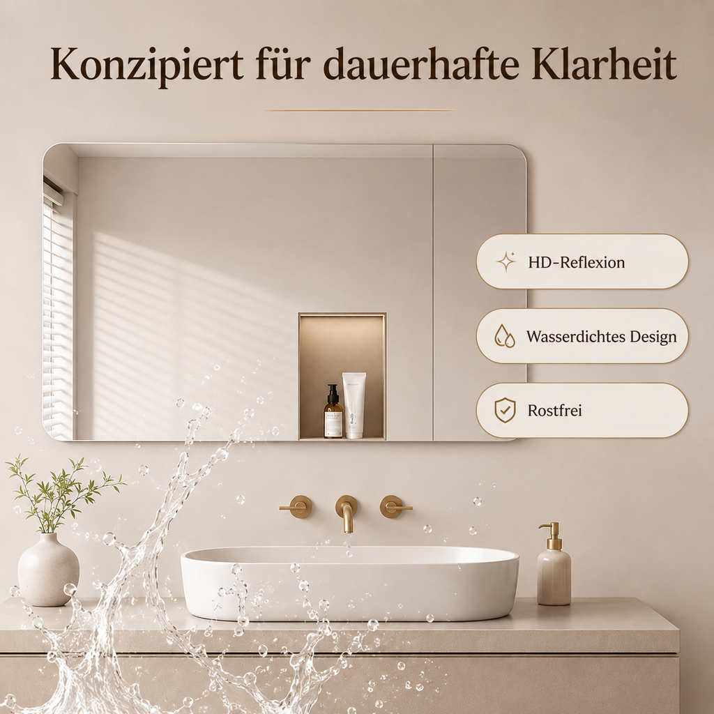 60x100x1,5 cm Rahmenloser Badezimmerspiegel, HD kupferfreies Glas, bruchsichere Folie, abgerundete Ecken, horizontal oder vertikal