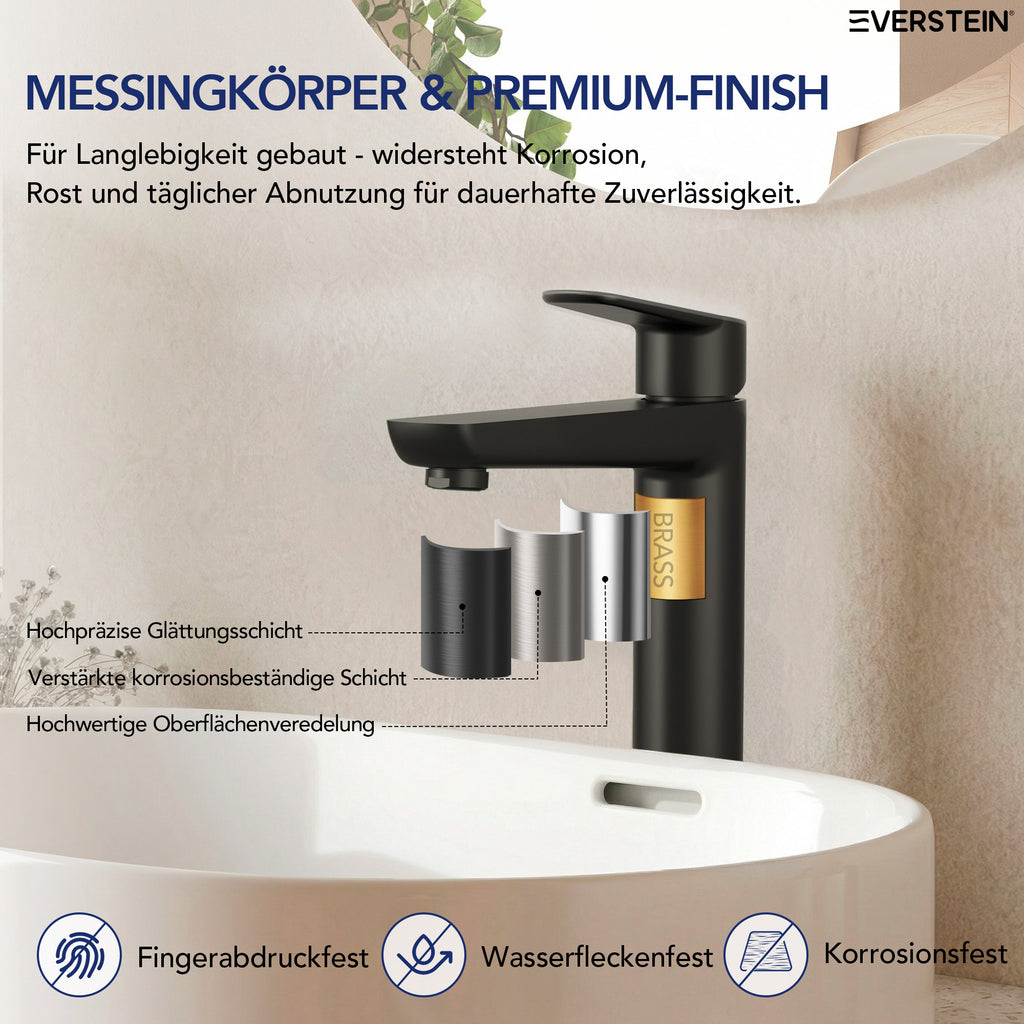 EVERSTEIN Waschtischarmatur Hoch, Wasserhahn Bad, Aufsatzwaschbecken (SFS-1275)