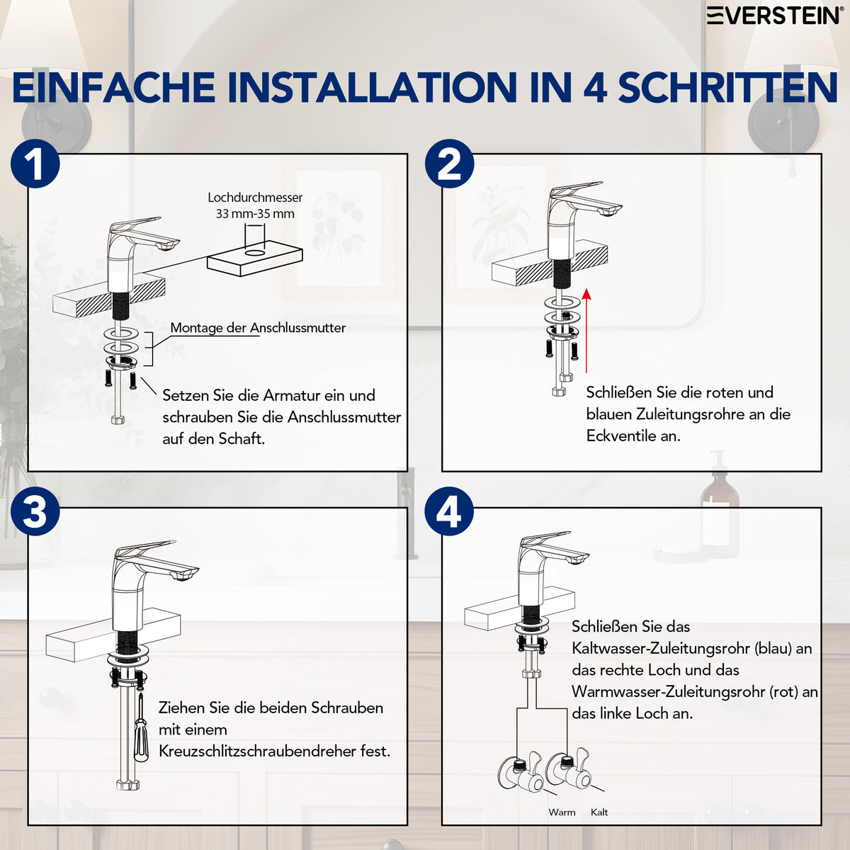 EVERSTEIN Wasserhahn Bad Waschtischarmatur: Pop-up, Messing, Ablauf (SFS-1282)