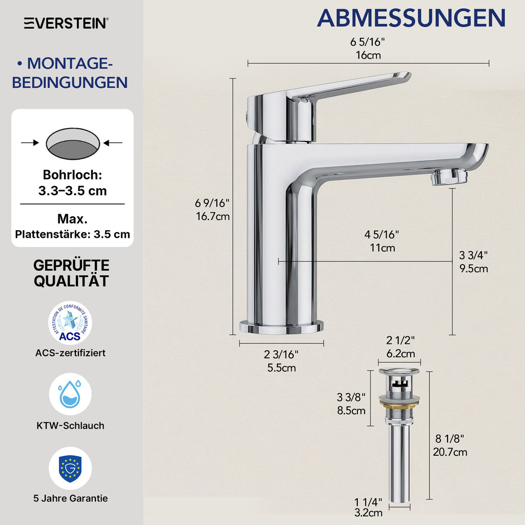 EVERSTEIN Wasserhahn Bad Waschtischarmatur: Pop-up, Messing, Ablauf (SFS-1274)
