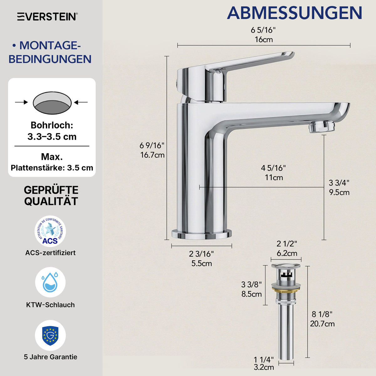EVERSTEIN Wasserhahn Bad Waschtischarmatur: Pop-up, Messing, Ablauf (SFS-1274)