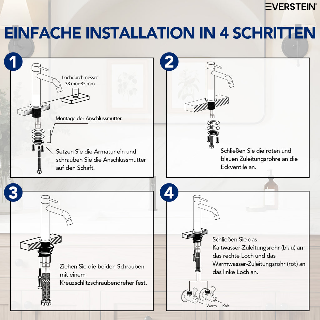 EVERSTEIN Wasserhahn Bad Waschtischarmatur: Pop-up, Messing, Ablauf (SFS-5001)