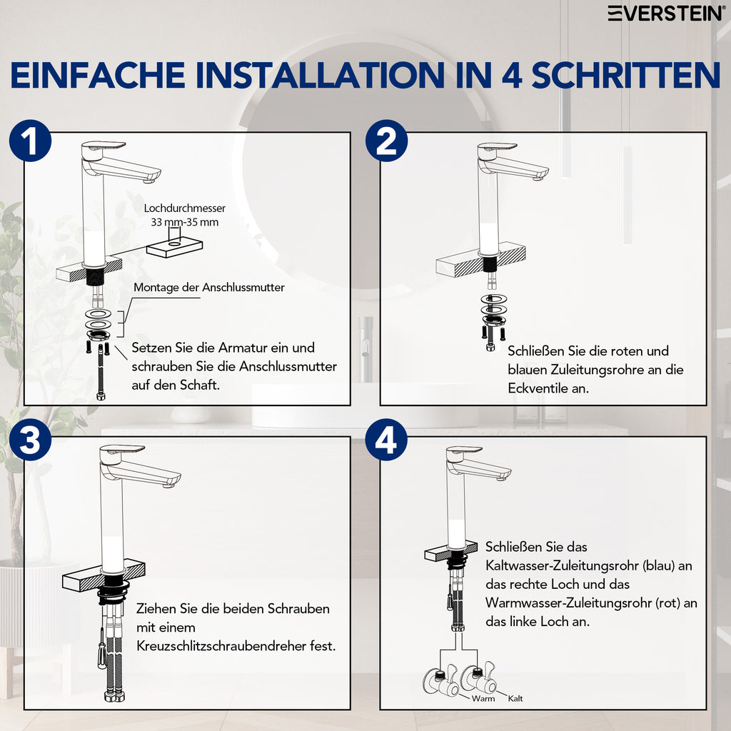 EVERSTEIN Waschtischarmatur Hoch, Wasserhahn Bad, Aufsatzwaschbecken (SFS-1275)