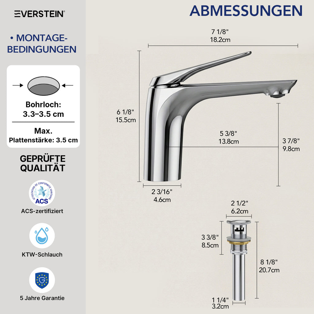 EVERSTEIN Wasserhahn Bad Waschtischarmatur: Pop-up, Messing, Ablauf (SFS-1282)