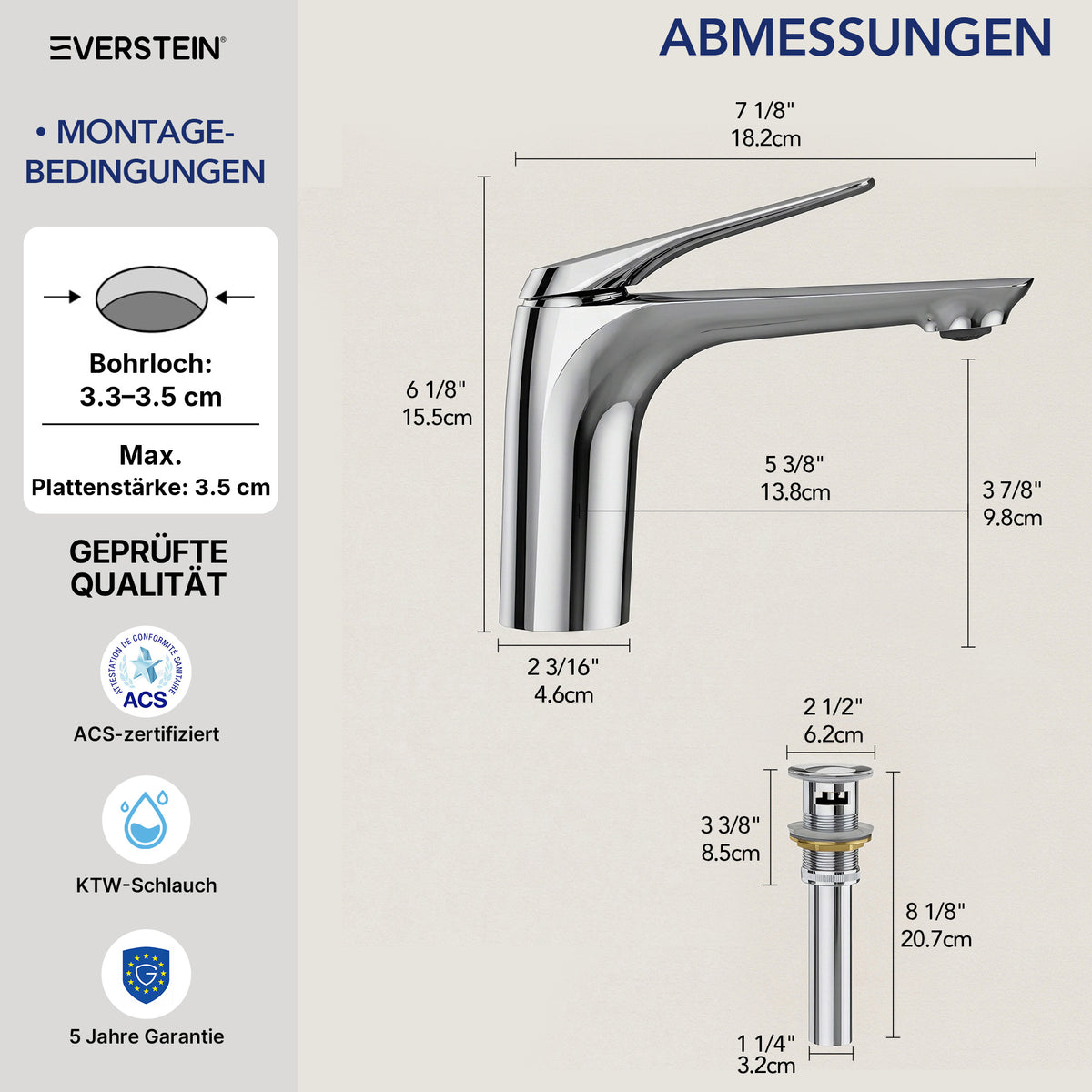 EVERSTEIN Wasserhahn Bad Waschtischarmatur: Pop-up, Messing, Ablauf (SFS-1282)