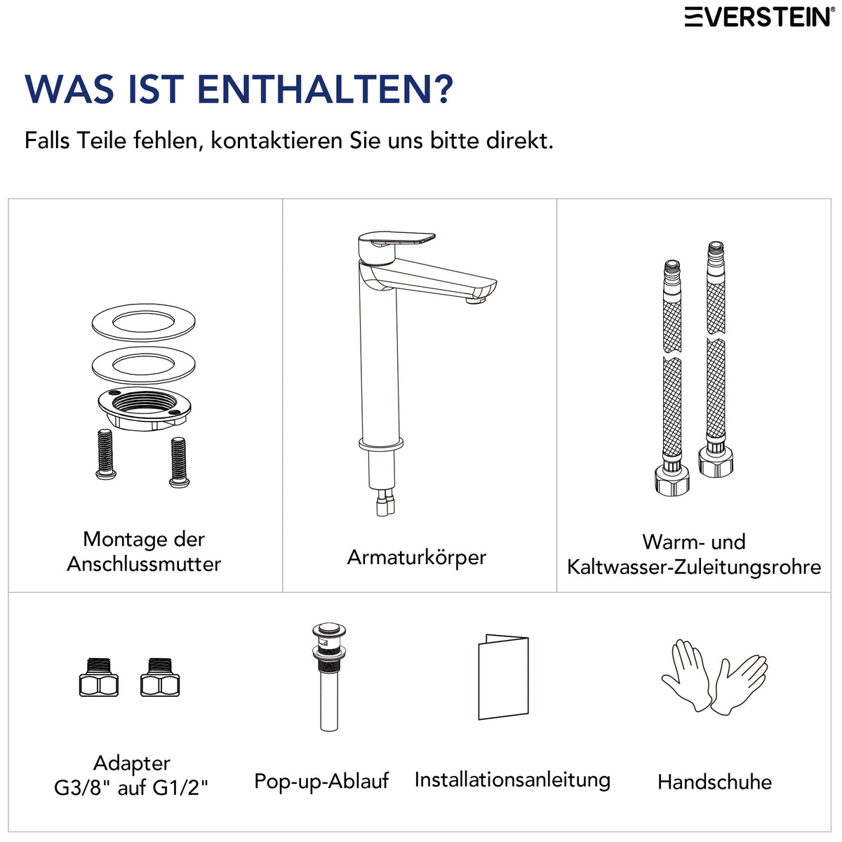 EVERSTEIN Waschtischarmatur Hoch, Wasserhahn Bad, Aufsatzwaschbecken (SFS-1275)