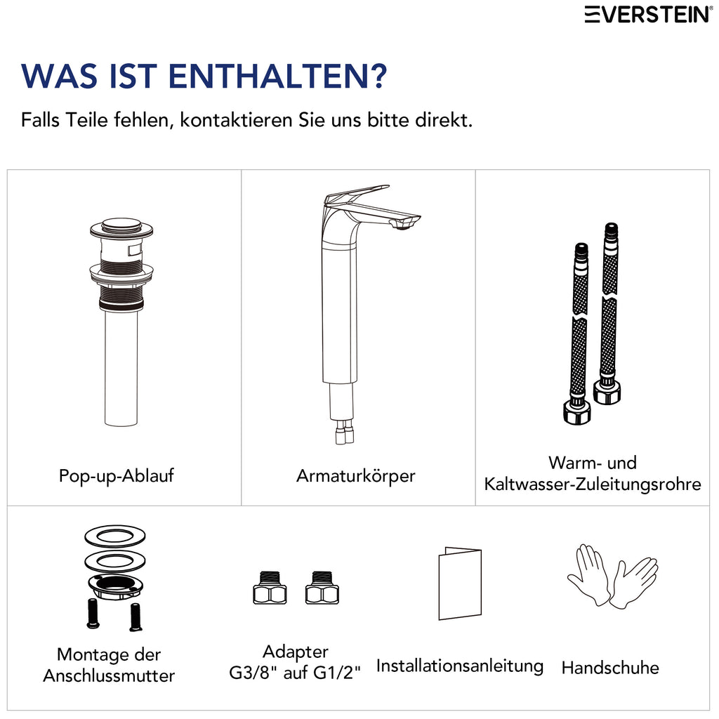 EVERSTEIN Waschtischarmatur Hoch, Wasserhahn Bad, Aufsatzwaschbecken (SFS-1283)