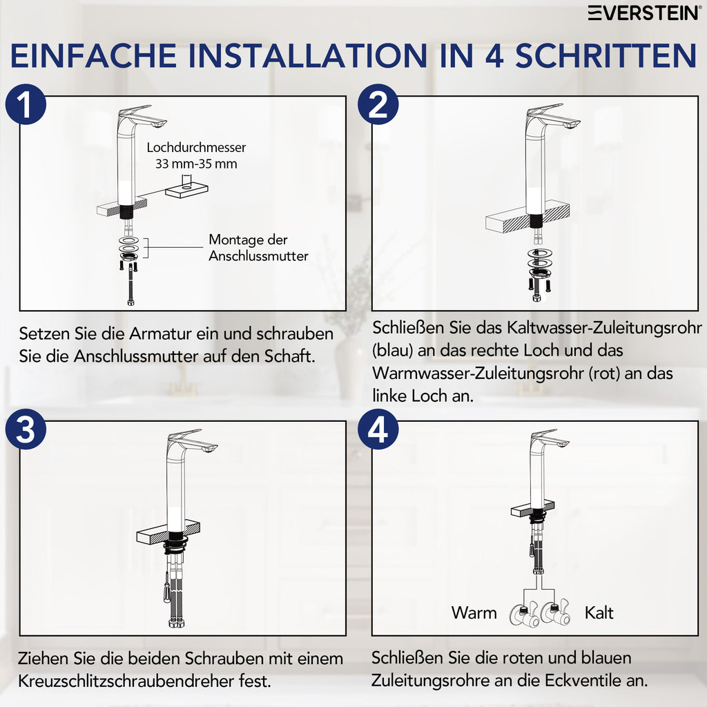 EVERSTEIN Waschtischarmatur Hoch, Wasserhahn Bad, Aufsatzwaschbecken (SFS-1283)