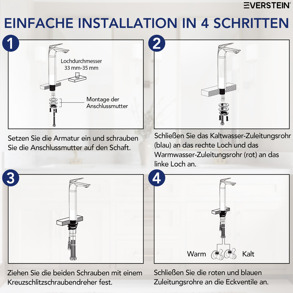 EVERSTEIN Waschtischarmatur Hoch, Wasserhahn Bad, Aufsatzwaschbecken (SFS-1283)
