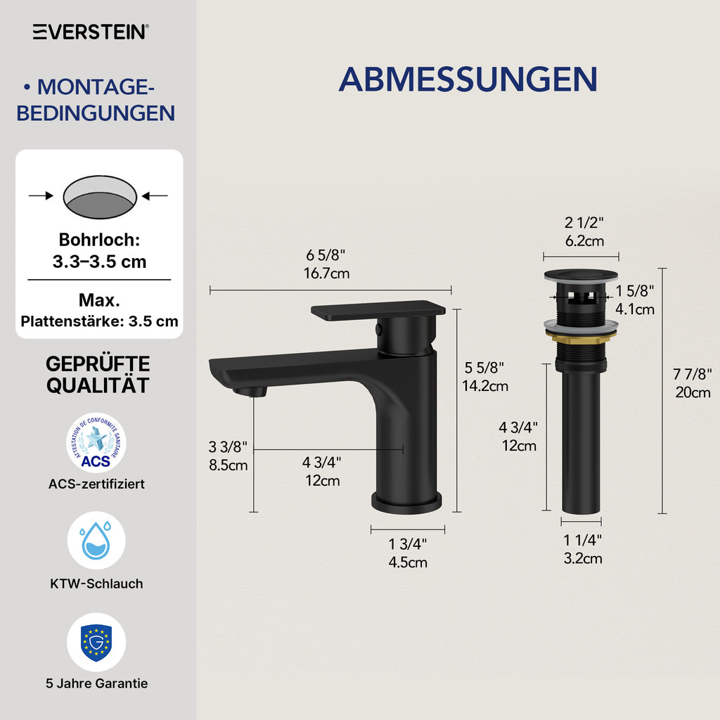 EVERSTEIN Wasserhahn Bad Waschtischarmatur, Pop-up, Messing
