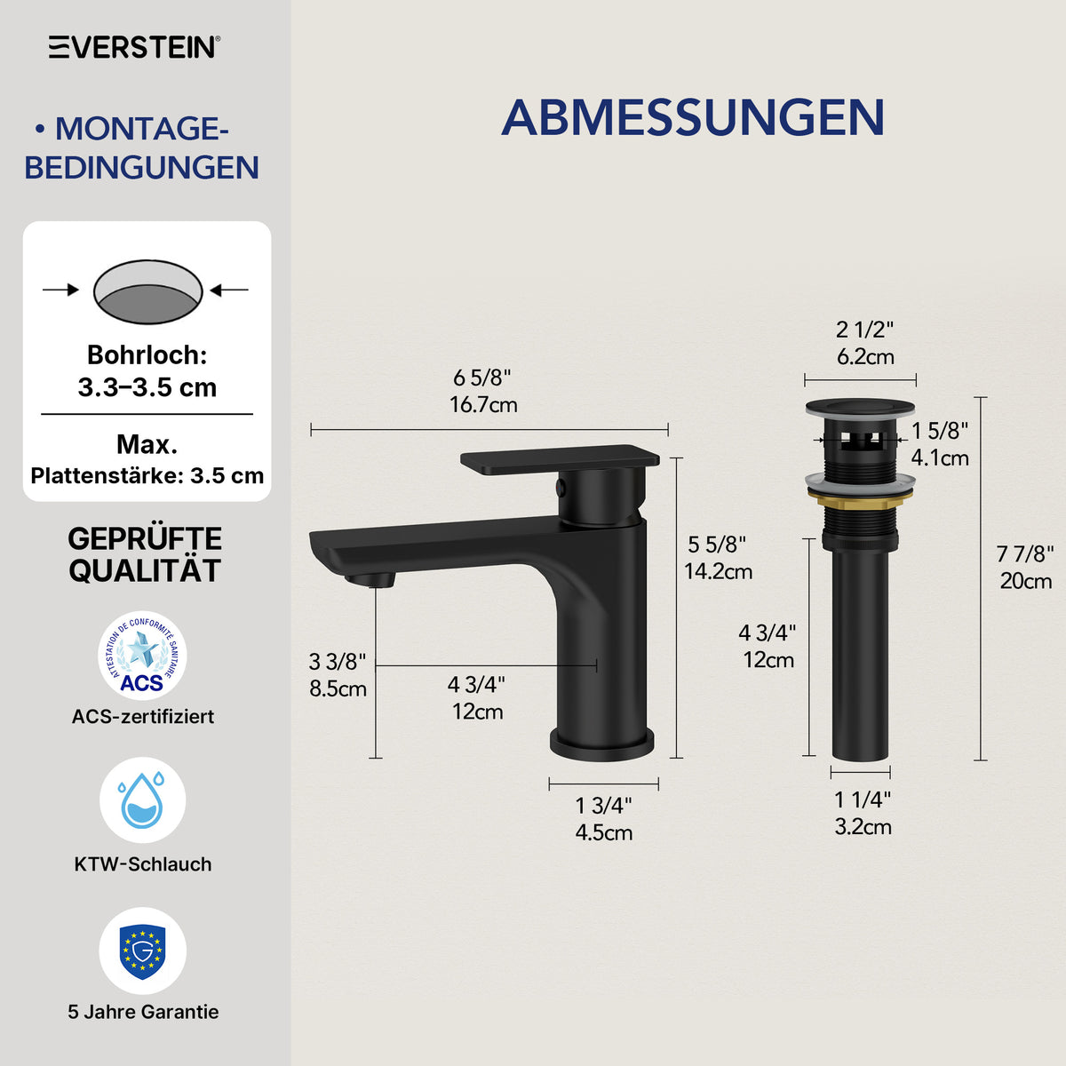 EVERSTEIN Wasserhahn Bad Waschtischarmatur, Pop-up, Messing