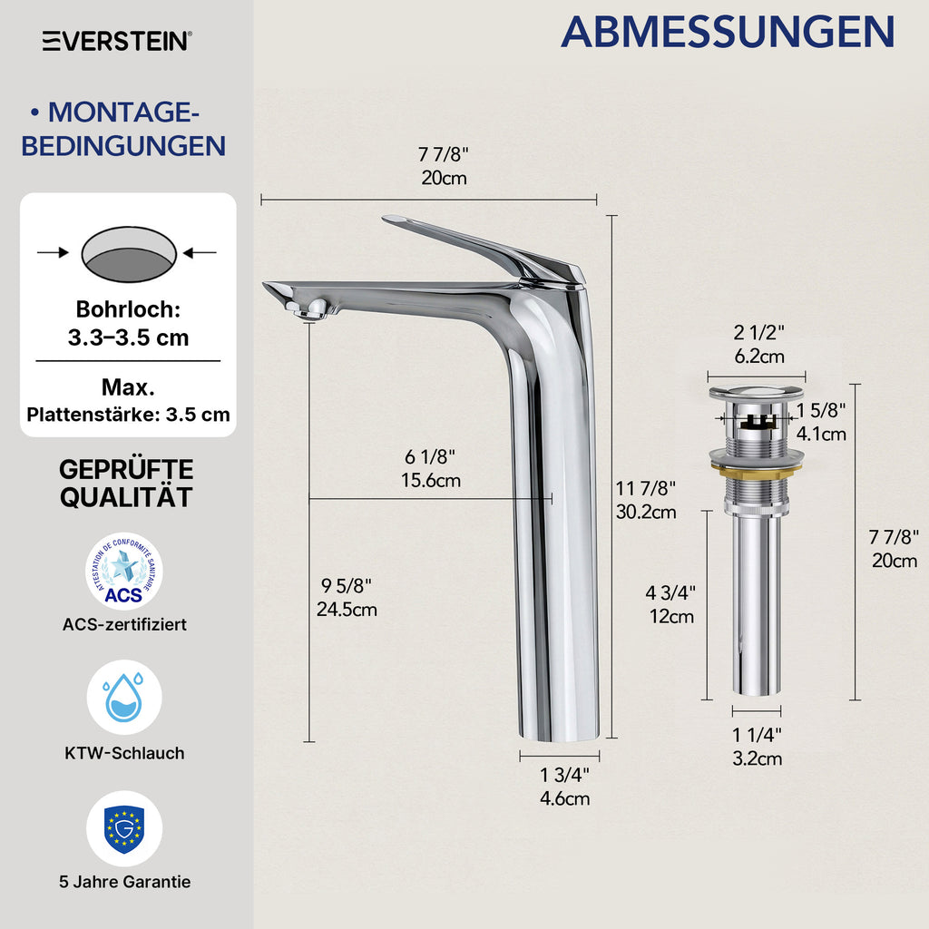 EVERSTEIN Waschtischarmatur Hoch, Wasserhahn Bad, Aufsatzwaschbecken (SFS-1283)