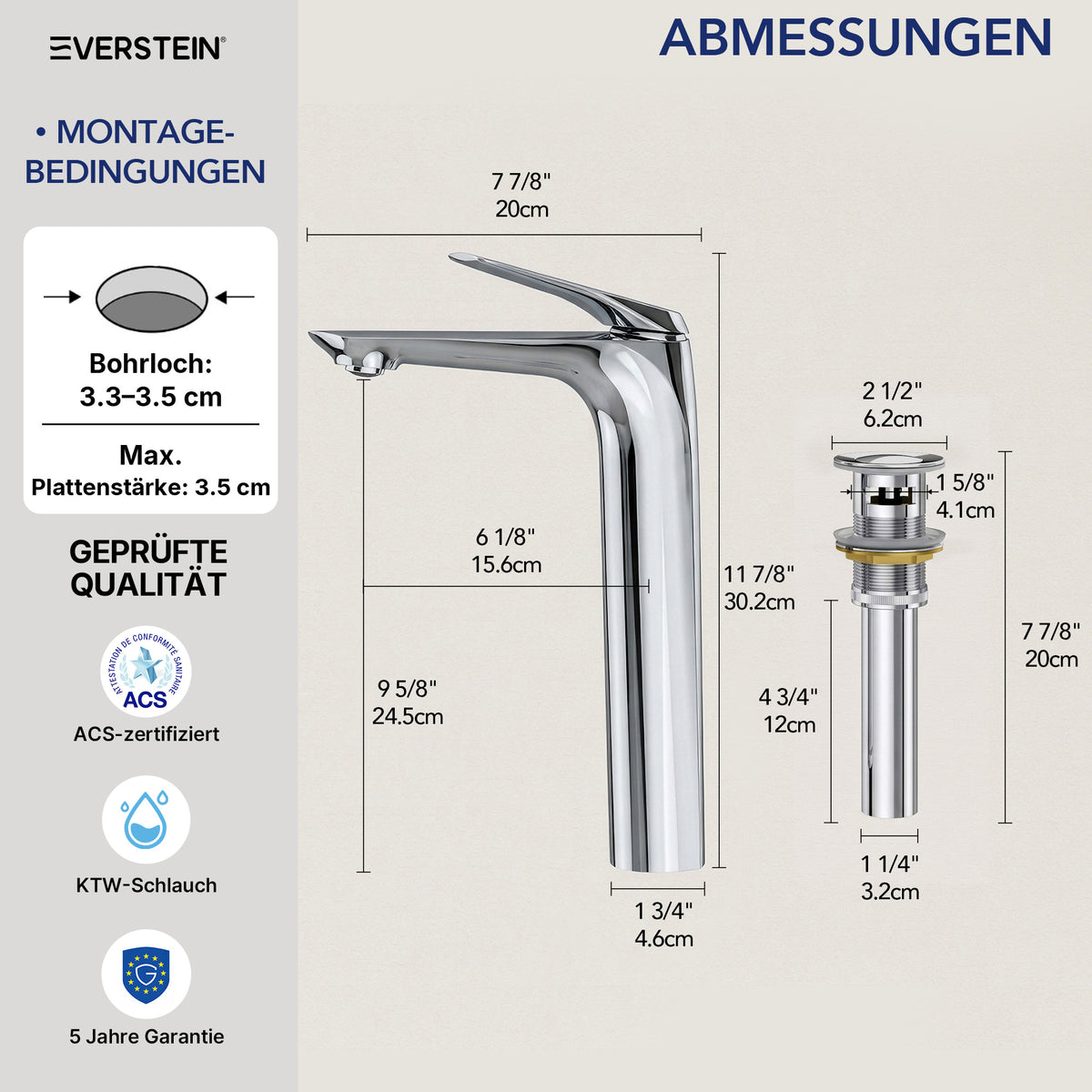 EVERSTEIN Waschtischarmatur Hoch, Wasserhahn Bad, Aufsatzwaschbecken (SFS-1283)
