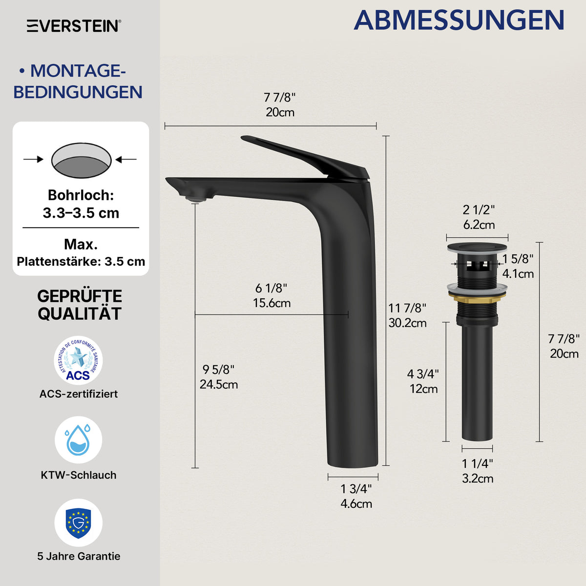 EVERSTEIN Waschtischarmatur Hoch, Wasserhahn Bad, Aufsatzwaschbecken (SFS-1283)