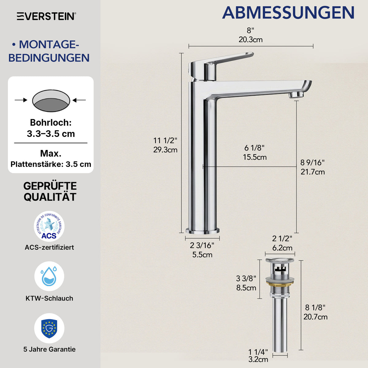 EVERSTEIN Waschtischarmatur Hoch, Wasserhahn Bad, Aufsatzwaschbecken (SFS-1275)