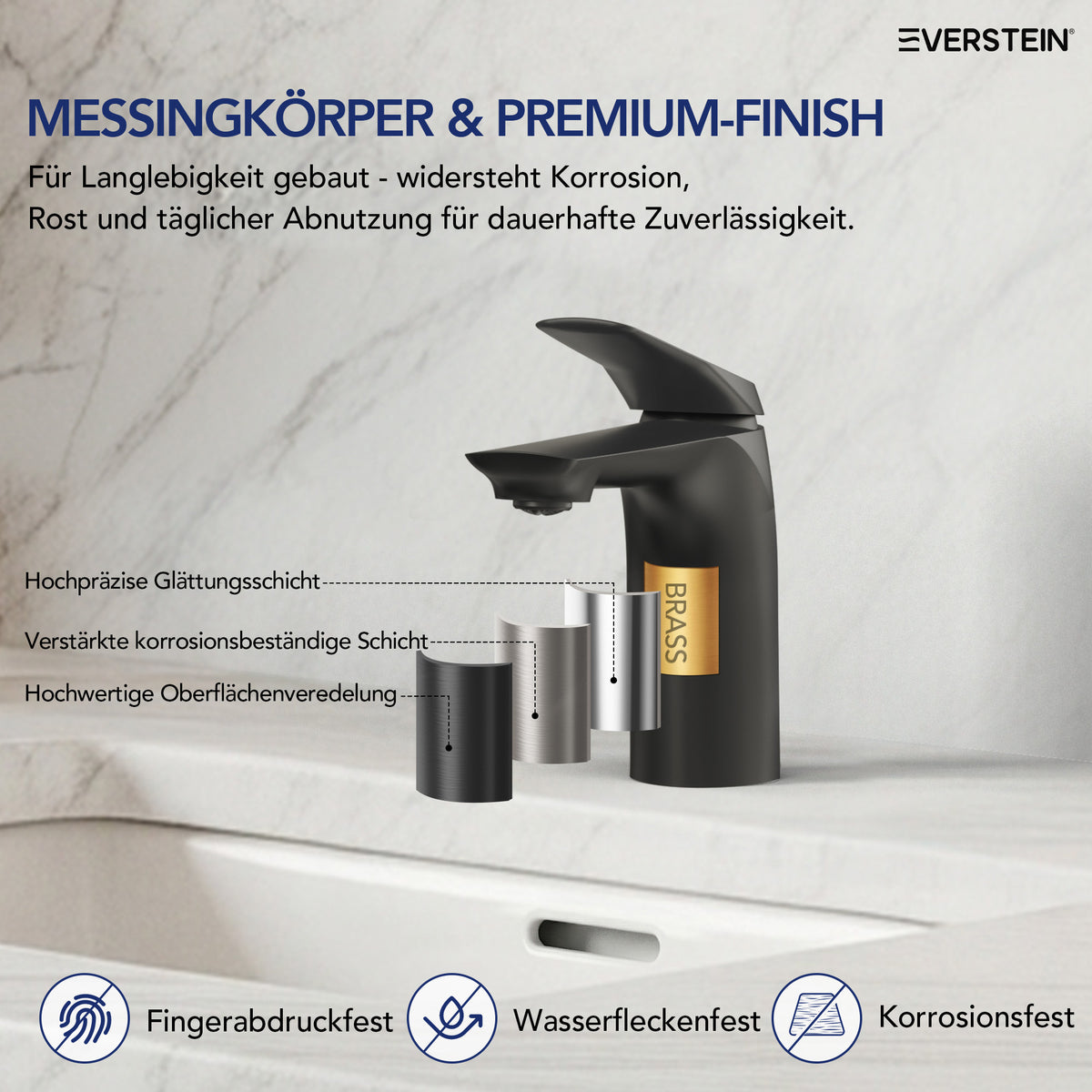 EVERSTEIN Wasserhahn Bad Waschtischarmatur: Pop-up, Messing, Ablauf (SFS-1282)